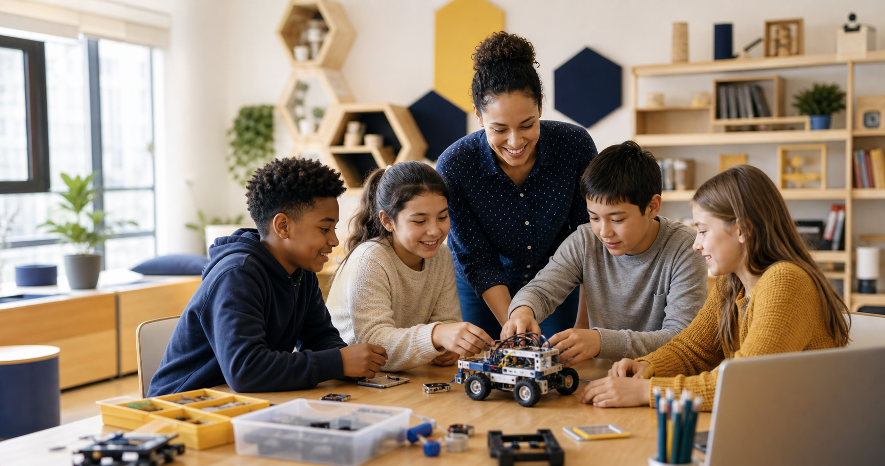 Children collaborating with an instructor on a classroom robotics project